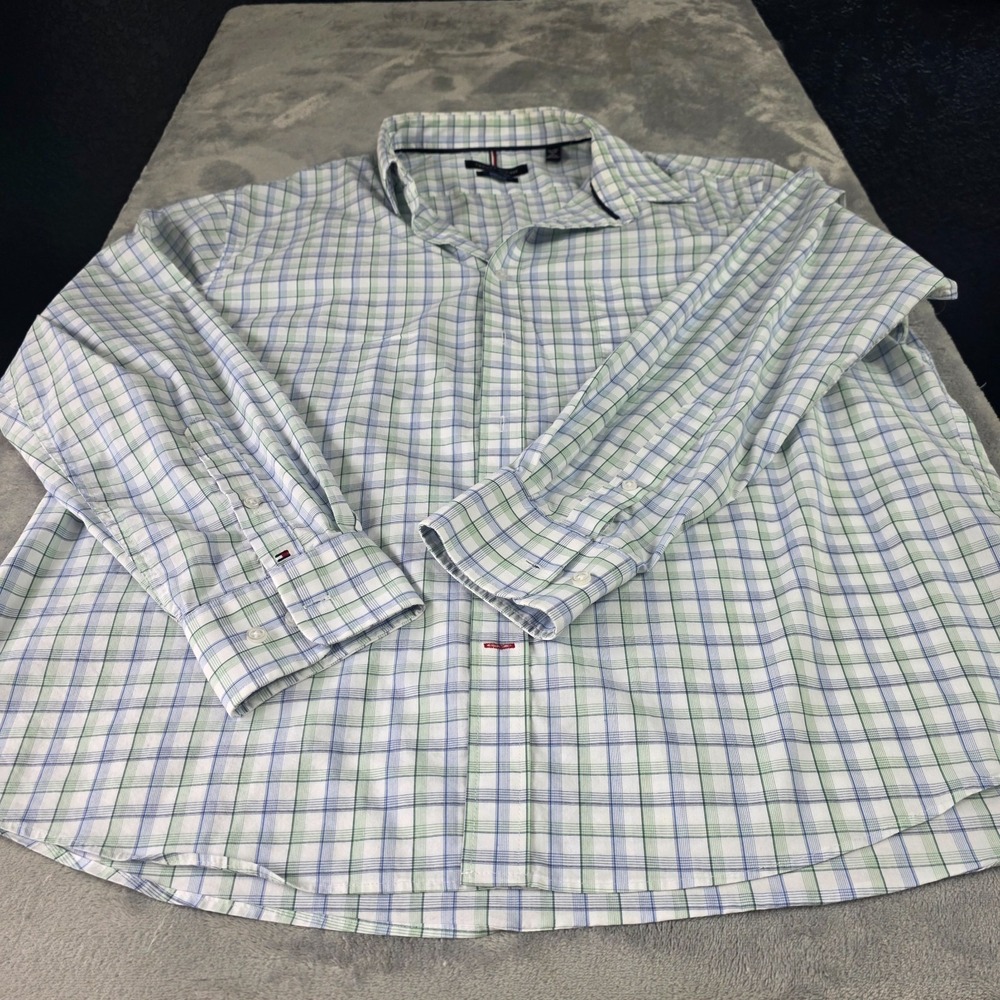 Men's Tommy Hilfiger Blue/Green Plaid‎ Dress Collard Shirt -Sz XL